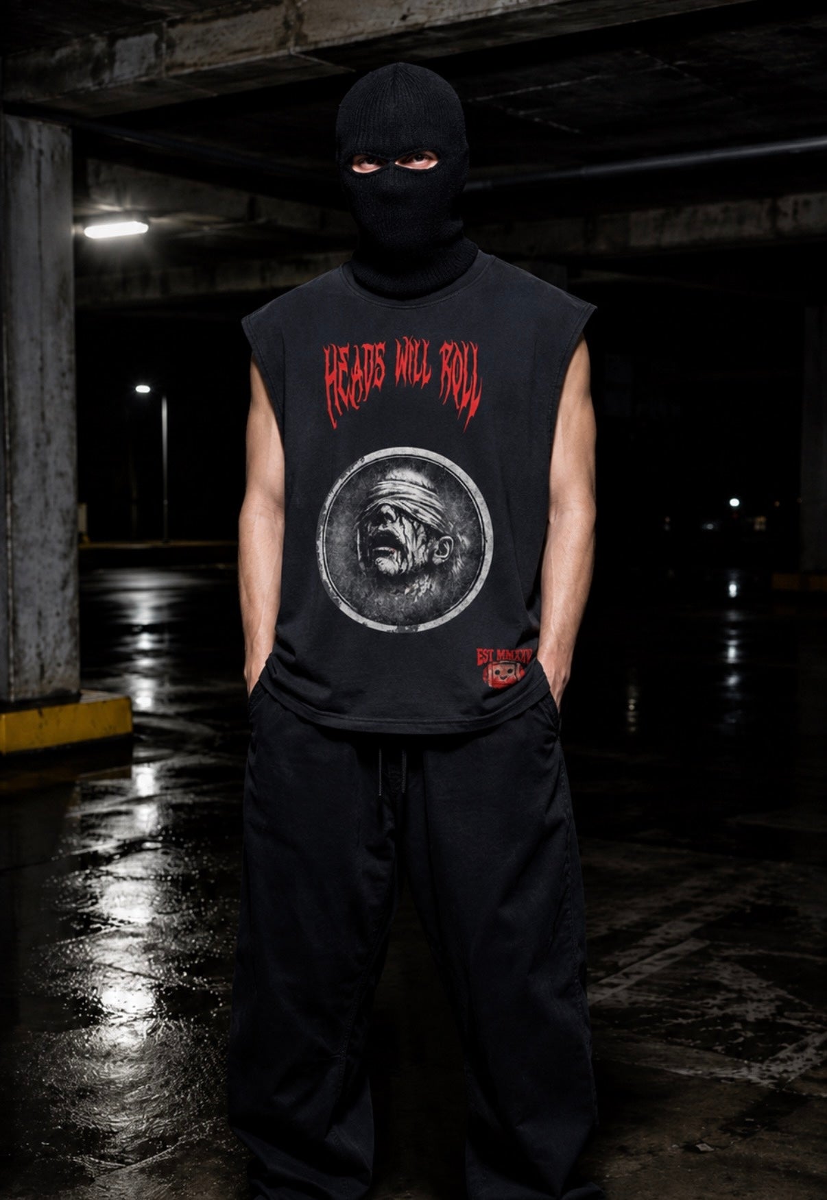 Heads Will Roll Raw Hem Boxy Tank — Front worn view